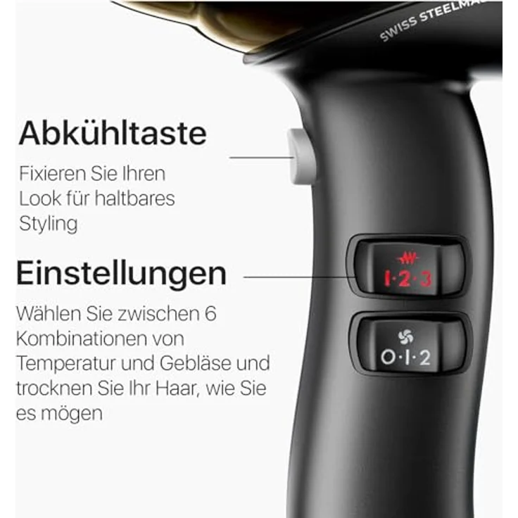 Valera, Swiss Steel Master Light, professioneller Haartrockner aus goldfarbenem Stahl, leichter Föhn mit leistungsstarkem Motor, 3 Temperaturstufen, Ionen-Generator, 2100 W – Bild 5