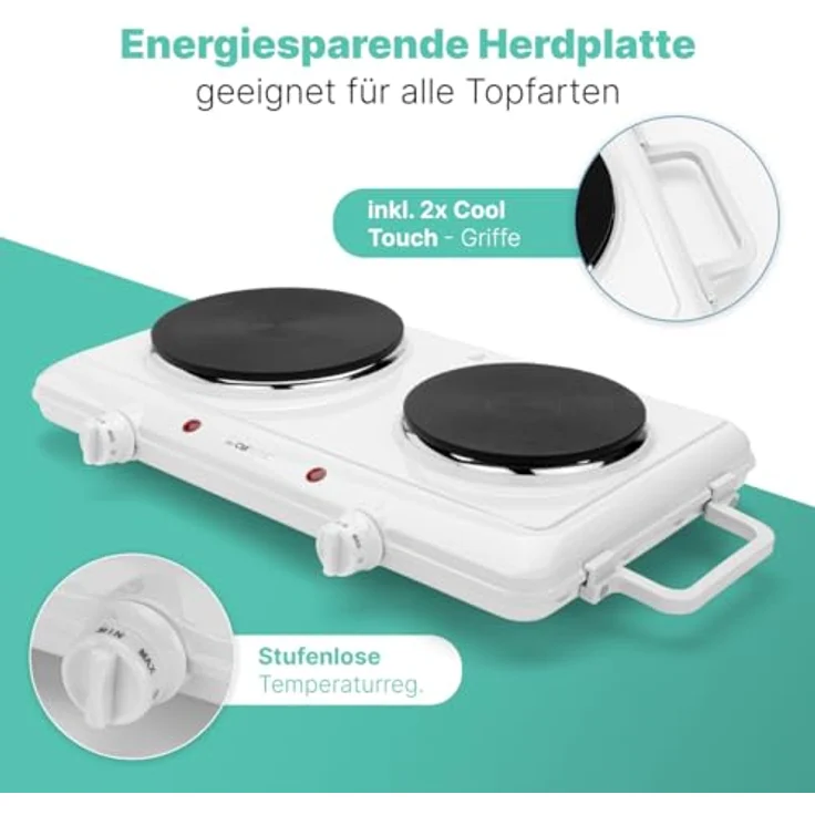 Clatronic Doppelkochplatte DKP 3583, 2 Kochplatten, stufenlos regelbare Thermostate, hohe Standfestigkeit, weiß – Bild 3