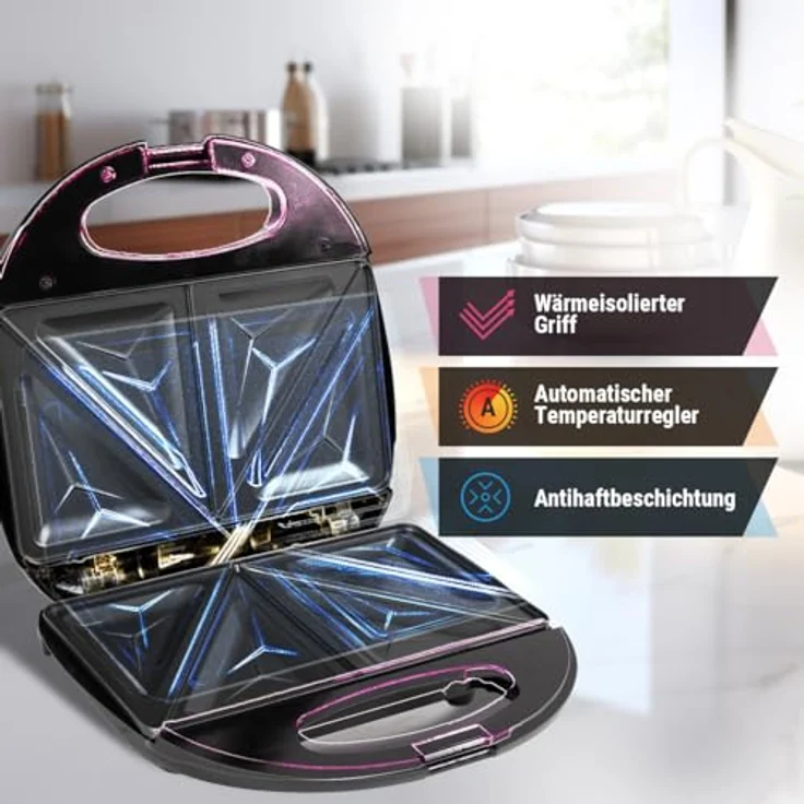 Clatronic ST 3477 Sandwichtoaster, 3-eckige Sandwichplatten, automatischer Temperaturregler, mit 2 Kontrollleuchten, Antihaftbeschichtung, Überhitzungsschutz, schwarz – Bild 5