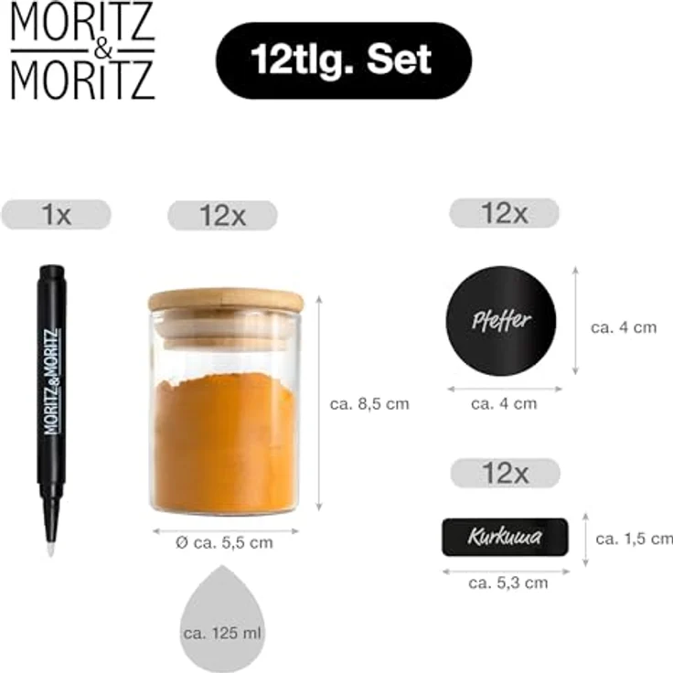 Moritz & Moritz Gewürzgläser Set, 12x 125 ml mit Bambusdeckel, inkl. 24 Tafelsticker & Kreidestift, bruchsicher und spülmaschinenfest, transparent – Bild 2
