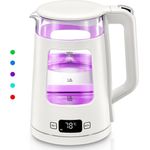 FOHERE Wasserkocher aus Glas mit Temperatureinstellung, 1,7 l, 2200 W, Edelstahl & Borosilikatglas, 5 LED-Beleuchtungen