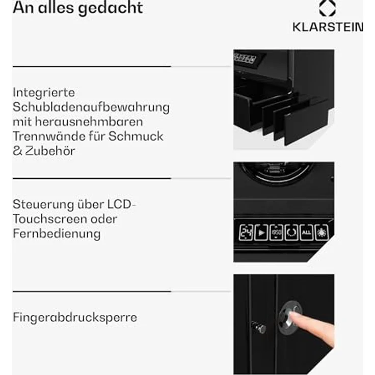 Klarstein SecureTouch Uhrenbeweger, 3+4 Uhren mit Mabuchi Motor, Klavierlack, 41 Modi, Fingerabdruckschloss, integrierte Schmuckschublade und LEDs – Bild 6