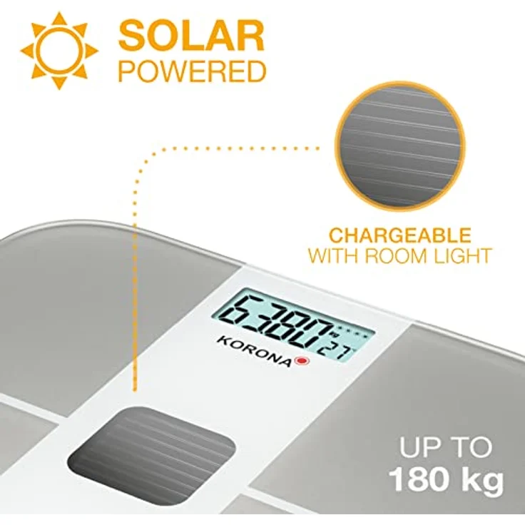 Korona 73165 Solarwaage ALINA | Batterielose Waage | Erzeugt Energie durch Solarpanel | Nachhaltig | Edle Glaswaage | Tragkraft 180 kg, Einteilung 100g | Sicherheitsglas – Bild 3