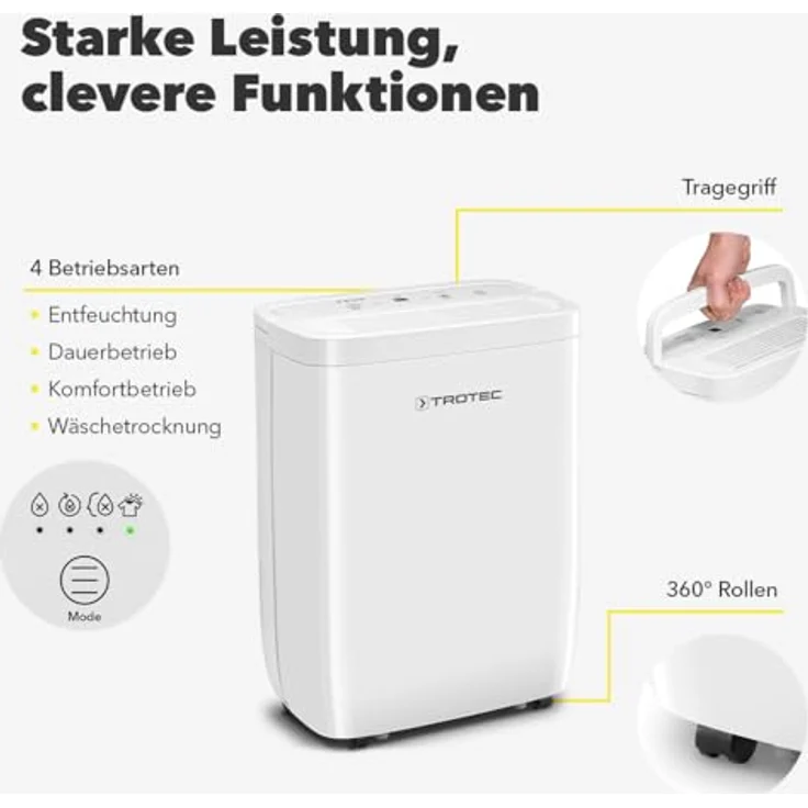TROTEC Raumentfeuchter elektrisch TTK 27 E – 12 L/Tag – 15 m² / 37 m³ – Autoabschaltung, weiß – Bild 3