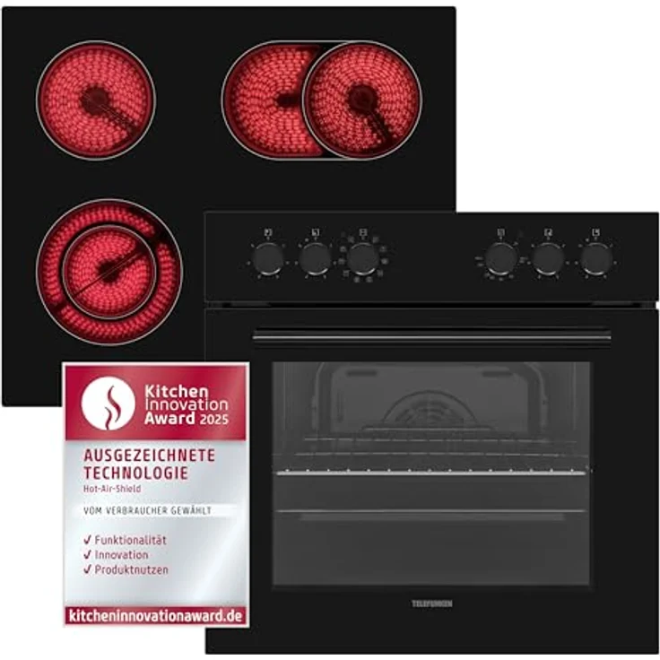 Telefunken ECHS65A-B2 Einbauherd-Set, Elektro-Herd-Kochfeld-Kombination mit 65 Liter Backofen, Grill und Umluft, 4-Zonen rahmenloses Glaskeramik-Kochfeld, Hot Air Shield, Edelstahl, 60 cm – Bild 1