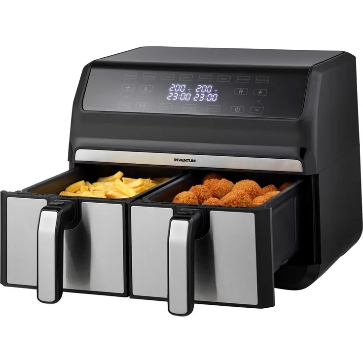 Inventum GF800HLD, Heißluftfritteuse mit 2x 4L Doppel-Design, 1700W, schwarz