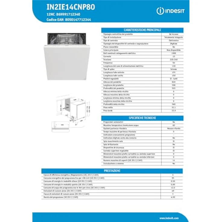 Indesit IN2IE14CNP80, Voll integrierter Geschirrspüler für 14 Maßgedecke, 60 cm, 49 dB, Energieeffizienzklasse E – Bild 10