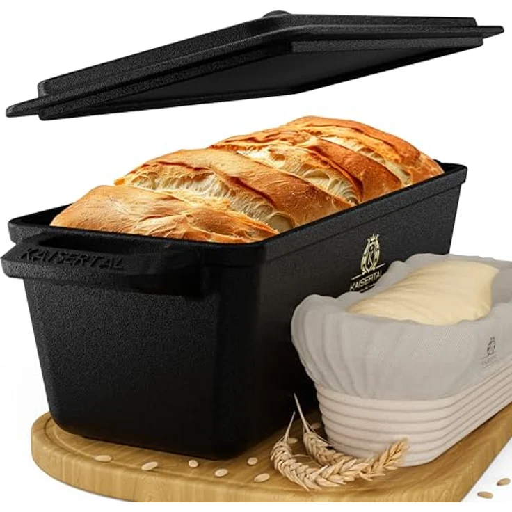 K KAISERTAL 28cm Brotbackform mit Deckel + Gärkorb - Eingebrannte Backform aus Gusseisen - Brottopf zum Backen - Kastenform mit Deckel inkl. Backen Zubehör, Farbe: Schwarz – Bild 1
