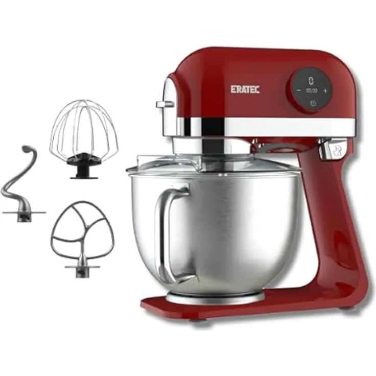 ERATEC Küchenmeister Deluxe Küchenmaschine in Rot - Leistungsstarke 1200W, 6 Stufen, 5,5L, mit Fleischwolf & Zerkleinerer - Vielseitig in der Küche