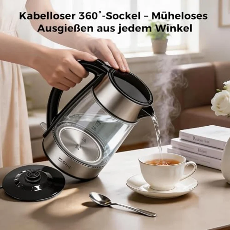 YASHE Wasserkocher Glas 1,7L, 2200W mit blauem LED-Licht und Sicherheitsfunktionen, Schwarz – Bild 7