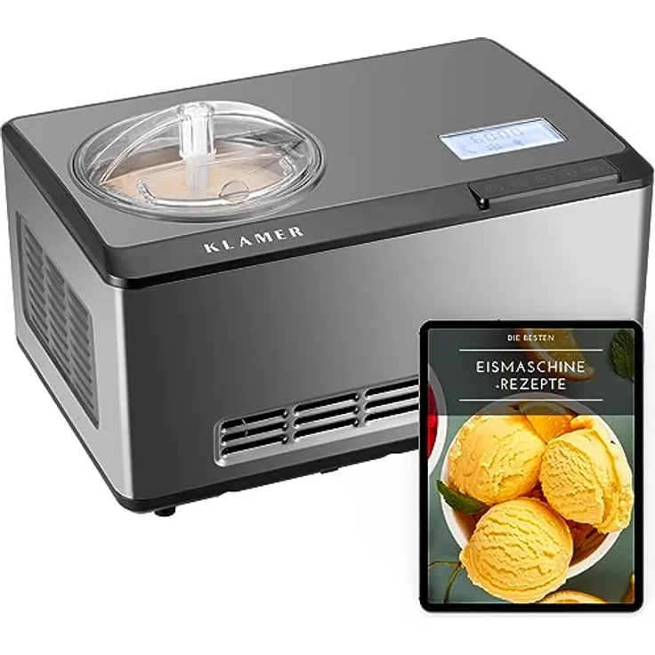KLAMER 2-in-1 Eismaschine & Joghurtbereiter 2 L, 180 W Eiscrememaschine aus Edelstahl mit Kühl- und Heizfunktion, hausgemachtes Speiseeis mit selbstkühlendem Kompressor