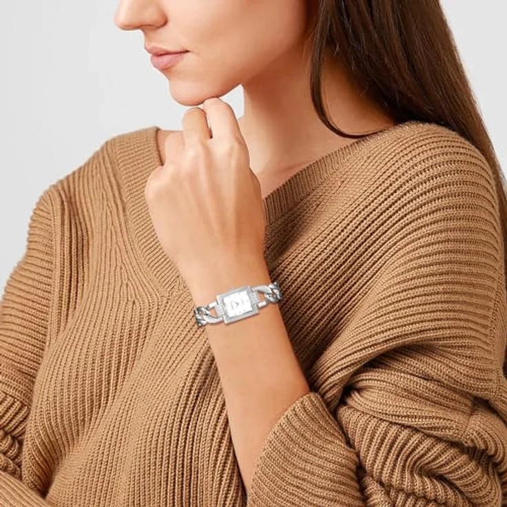 JewelryWe Damenuhr Glitzer Rechteckig, Strass Analog Quarz Armbanduhr mit Silber Panzerkette und Eckigem Zifferblatt – Bild 3