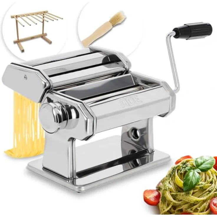 ADE Nudelmaschine Edelstahl, manuelle Pastamaschine mit 7 Teigstärken, für Lasagneplatten, Spaghetti und Fettuccine, inklusive Trockner und Borstenpinsel