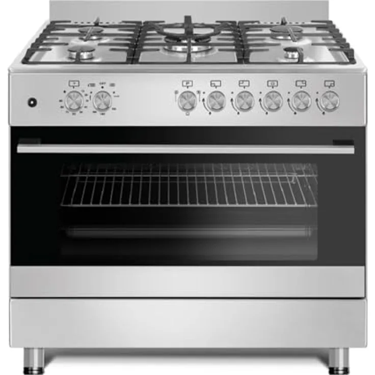 Gasline Gas Standherd 90cm GAG90GOINX Edelstahl Matt, 5 Flammig, Sabaf-Brenner, Gasbackofen mit Grill, elektrische Zündung, Vollzündsicherung Propan/Erdgas