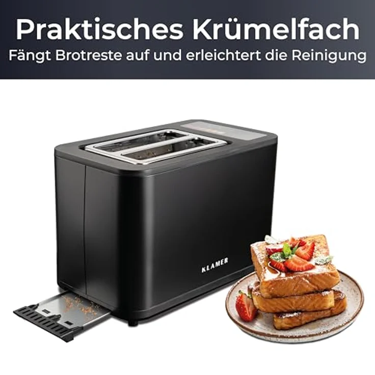 KLAMER Toaster, Toaster mit Brötchenaufsatz, hochwertiger 2 Scheiben-Toaster, 6 Bräunungsgrade, Touch Display, mit Krümelschublade, Matt Schwarz – Bild 3