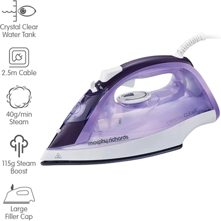 Morphy Richards Dampfbügeleisen Kristall klar Wassertank 2400 W Amethyst 300301, 2,5m langes Kabel, 40 g/min Dampf, 115 g Steam Boost – Bild 2