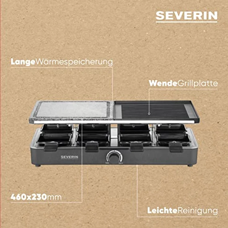 Severin RG 2371 Raclette-Grill, 1400W, für 8 Personen, Thermostat, antihaftbeschichtet, schwarz – Bild 3