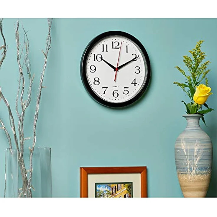 Bernhard Products Schwarze Wanduhr, geräuschlos, Nicht tickend, 25,4 cm, Quarz, batteriebetrieben, rund, leicht zu lesen, Zuhause/Büro/Küche/Klassenzimmer/Schuleuhr, Uhrwerk – Bild 5