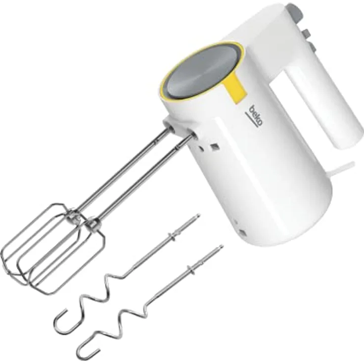 BEKO, Handrührer, Leistung: 425 W, 5 Geschwindigkeitsstufen + Turbo, Schneebesen + Haken, Edelstahl, LV-resistent, Auswurfknopf, mit Zubehör, Weiß