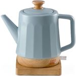Kvota Elektrischer Wasserkocher aus Keramik, 1,5 Liter, abnehmbarer Deckel, Grau-Blau Modernes Design Harmonie, Teakettle ceramic 1500 W, Decke-Holzgriff, drehbare Basis, Öko-Design