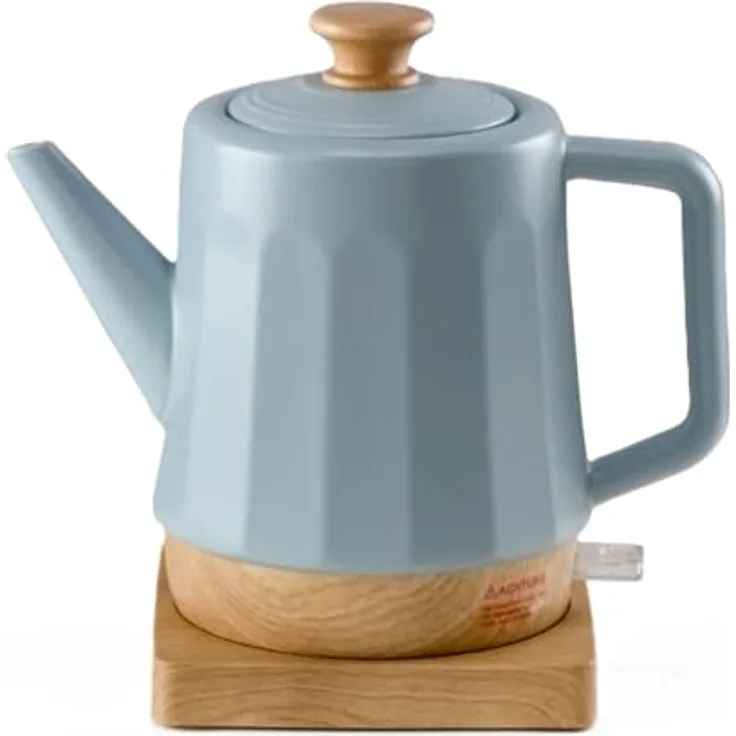 Kvota Elektrischer Wasserkocher aus Keramik, 1,5 Liter, abnehmbarer Deckel, Grau-Blau Modernes Design Harmonie, Teakettle ceramic 1500 W, Decke-Holzgriff, drehbare Basis, Öko-Design