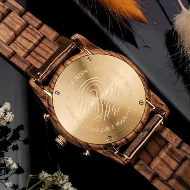 HOLZKERN Chronograph Herrenuhr Blätterdach Zebrano/Marmor, grünes Zifferblatt, 60 Minuten Stoppuhrfunktion, braunes Holzarmband – Bild 4
