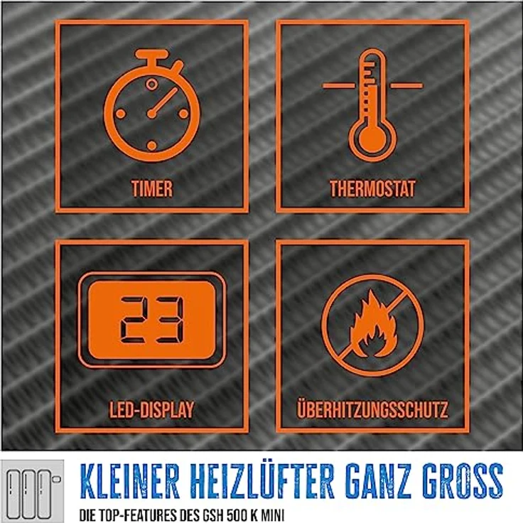 Güde Steckdosen-Heizlüfter GSH 500 K mini (230 V, 500 W Heizleistung, 28,46 m³/h Gebläseleistung, PTC-Keramik Heizelement, 90° drehb. Netzstecker, Timerfunktion, LED-Display, regulierbarer Thermostat) – Bild 3