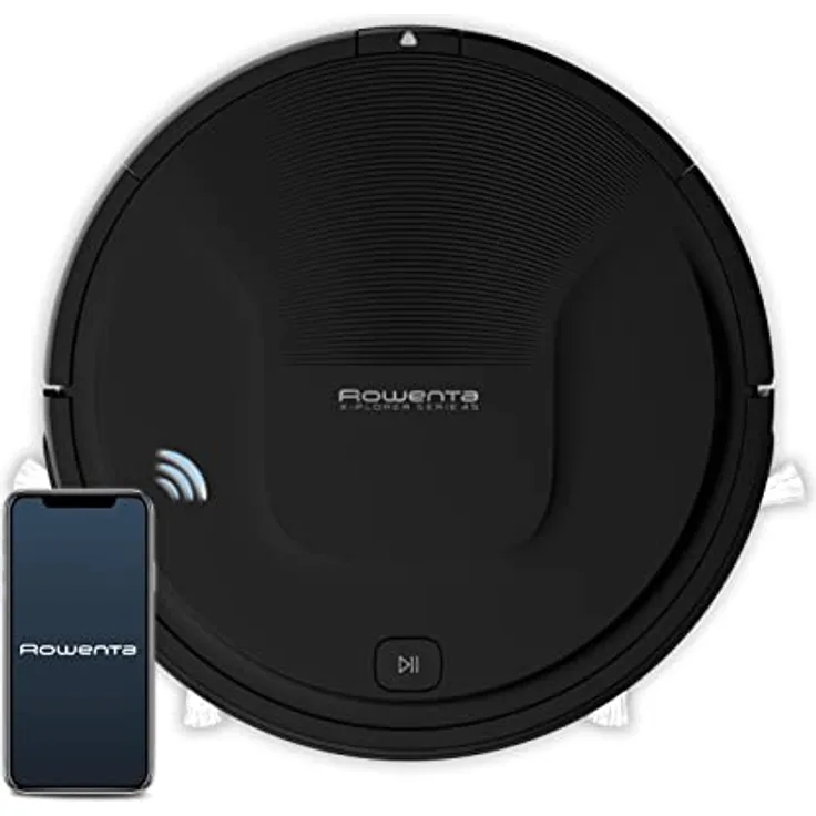 Rowenta RR8225 X-Plorer Serie 45 Roboter Staubsauger mit Infrarotsensoren, 3-in-1-Reinigungsfunktion, Lebensdauer 150 Min, 2 Seitenbürsten, 3 Reinigungsmodi, kompatibel für Sprachassistenten, Schwarz