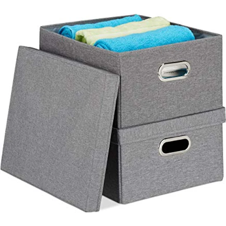 Relaxdays Aufbewahrungsbox 2er Set, Faltbare Ordnungsbox mit Deckel, 25 Liter je Stoffbox, HBT 20,5 x 34,5 x 42 cm, grau – Bild 1