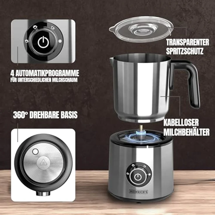 Heinrich's Elektrischer 4in1 Milchaufschäumer, 250ml, Edelstahl, 600W, 360° drehbare Basis, kalter/warmer Milchschaum, Milchaufwärmfunktion, perfekt für Barista-Milchschaum – Bild 4