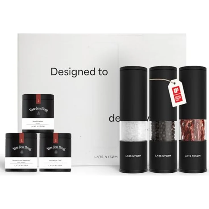 LARS NYSØM Gewürzmühlen Geschenkset, Salz und Pfeffermühlen Set mit Chilimühle & 3 Gewürzdosen (Carbon Black) – Bild 1