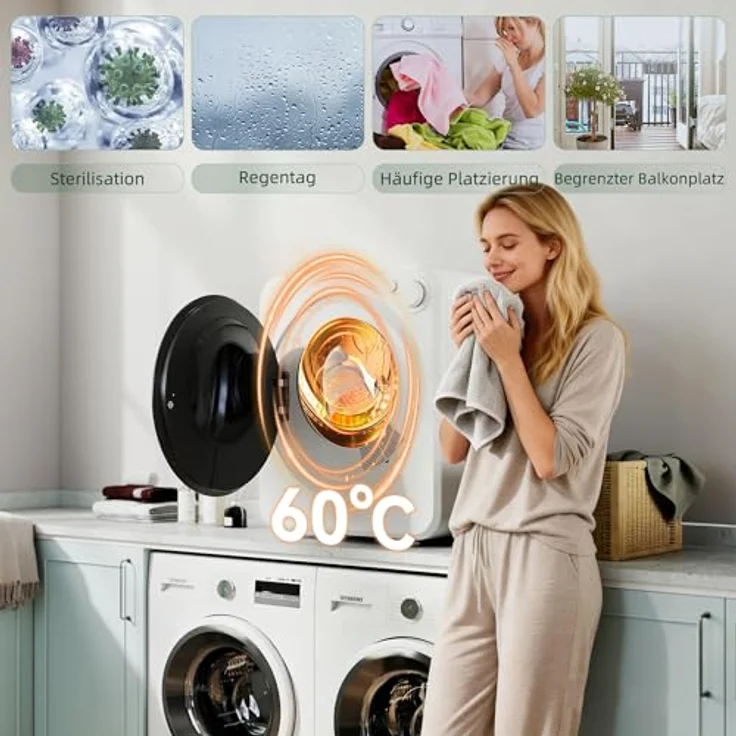 HOMCOM Waschtrockner B61-018V90WT, kompakt 4 kg, 5 Trockenprogramme, 60°C Heizzyklus, IPX4 Wasserschutz, Weiß – Bild 5