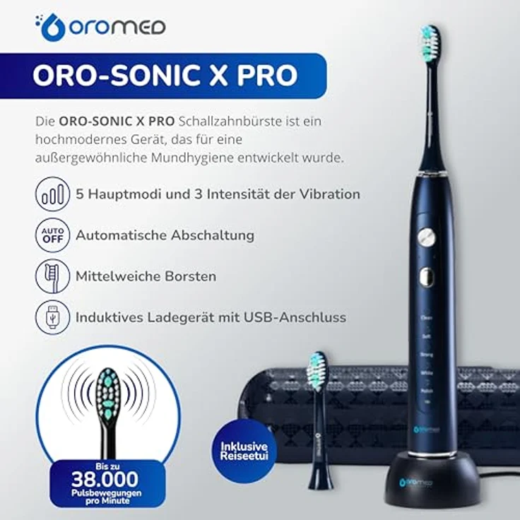 OROMED ORO-SONIC X PRO Elektrische Zahnbürste Schallzahnbürste 5 Modi Timer Etui, Akkubetrieben, bis zu 45 Tage Laufzeit, inkl. 2 Bürstenköpfen, Reiseetui - Blau – Bild 2