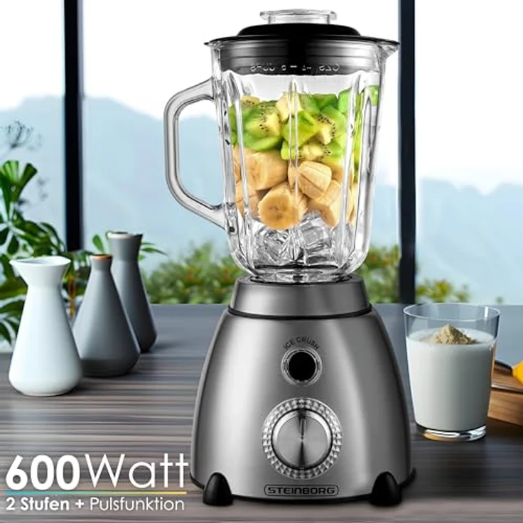 STEINBORG Standmixer SB-7010, 600 W, Pulsfunktion, 1,5 Liter Glaskrug, Chromschalter mit blauer LED-Beleuchtung – Bild 3