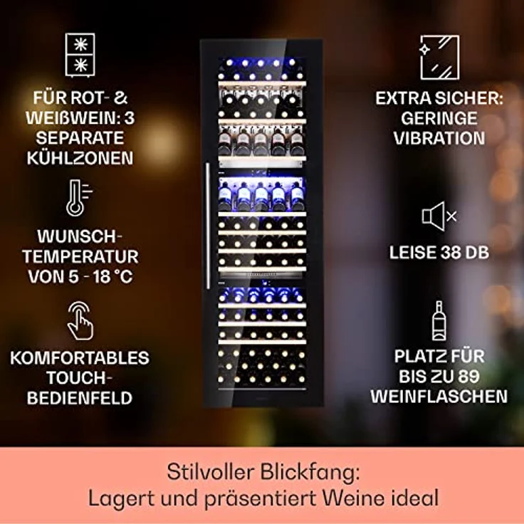 Klarstein Einbau-Weinkühlschrank, 246 L Getränkekühlschrank Schmal, 3 Zonen Weinkühlschrank mit Glastür, Indoor/Outdoor Beersafe, Großer Kühlschrank, 5-18°C, 89 Flaschen – Bild 2