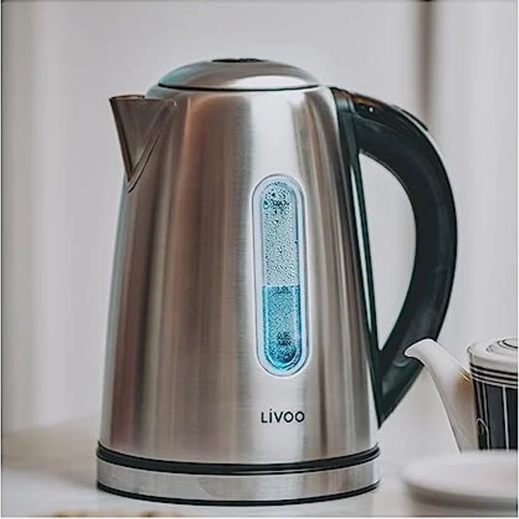 Livoo Edelstahl Wasserkocher DOD195, 1,7L, 1850-2200W, 360° drehbar, Grau, mit herausnehmbarem Kalkfilter und blauer LED-Hintergrundbeleuchtung – Bild 2