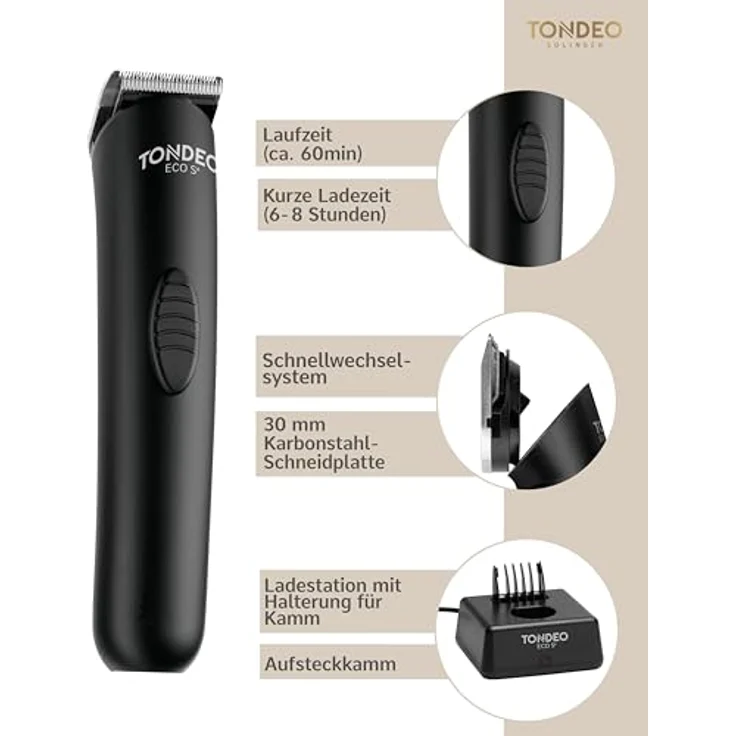 Tondeo ECO S Plus Trimmer Schwarz Haarschneider mit Karbonstahlklingen 60 Minuten Akkubetrieb Trockenanwendung – Bild 3