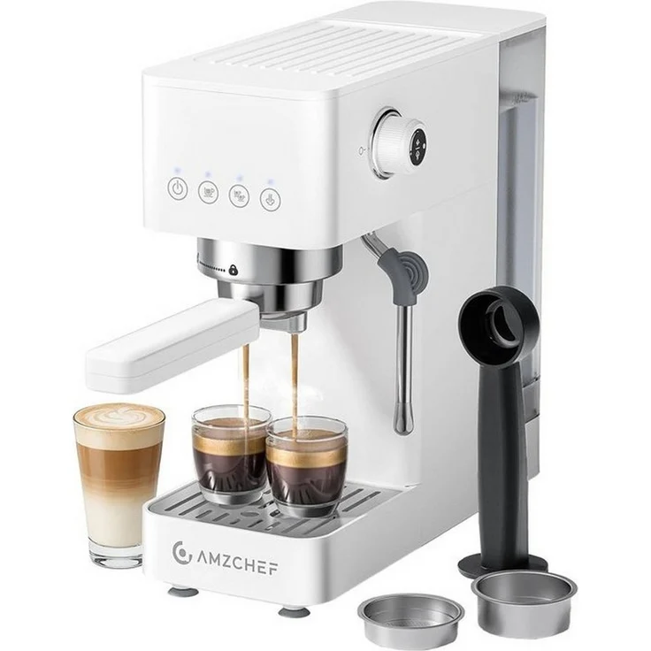 AMZCHEF CE-EM3131-WT Kolben-Kaffeemaschine, weiß, mit professionellem Milchaufschäumer und Touch-Bedienung, gleichzeitiges Brühens von zwei Tassen