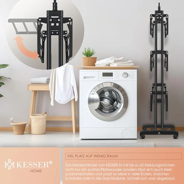 KESSER® Wäscheständer-Turm, platzsparender Wäschetrockner mit 4 Etagen, 2 drehbaren Seitenflügeln, 6 klappbaren Ebenen und 360° Rollen, für Innen & Außen, inkl. Klammern – Bild 5