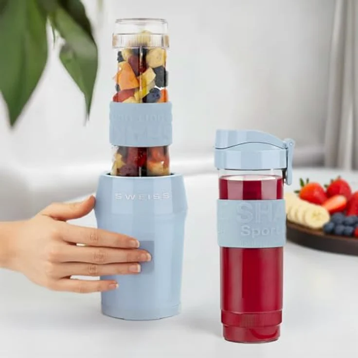 SWEISS Mini-Blender MOOV6, tragbarer Mixer mit 300 W, 2 Trinkflaschen à 570 ml, 4 Edelstahlklingen, spülmaschinengeeignet, Blau – Bild 5