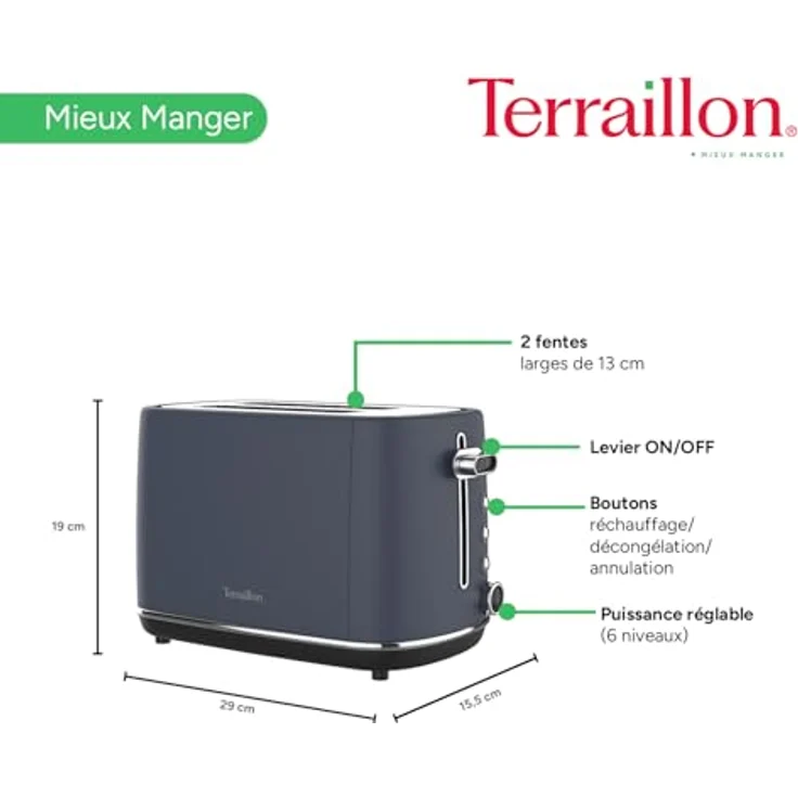 TERRAILLON New Moon Toaster, 2 Schlitze, 1050 W, 6 Leistungsstufen, Auftauen, Aufwärmen, blaue Lackierung aus Edelstahl, mit Krümelschublade – Bild 4