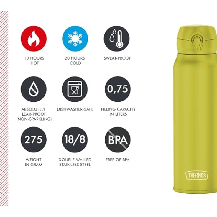 Thermos ULTRALIGHT BOTTLE 0,75l, glowing green mat, Edelstahl Thermosflasche, 10 h heiß / 24 h kalt, absolut dicht, ideal für Wasser und Tee – Bild 5