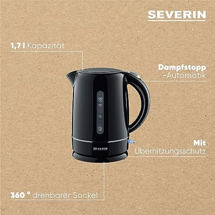 SEVERIN Wasserkocher 1,7 l, leistungsstarker und kompakter Wasserkocher in hochwertigem Design, elektrischer Wasserkocher mit Kalkfilter, schwarz, WK 4322 – Bild 4
