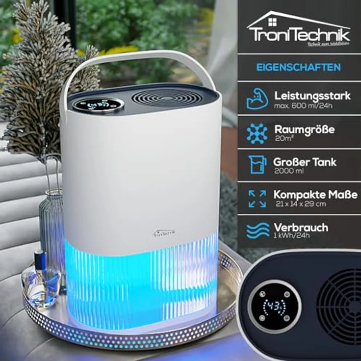 TroniTechnik Luftentfeuchter EF01, 600 ml/24h, leise, 2L Tank, LED Schlafmodus, für Räume bis 20 m² – Bild 2