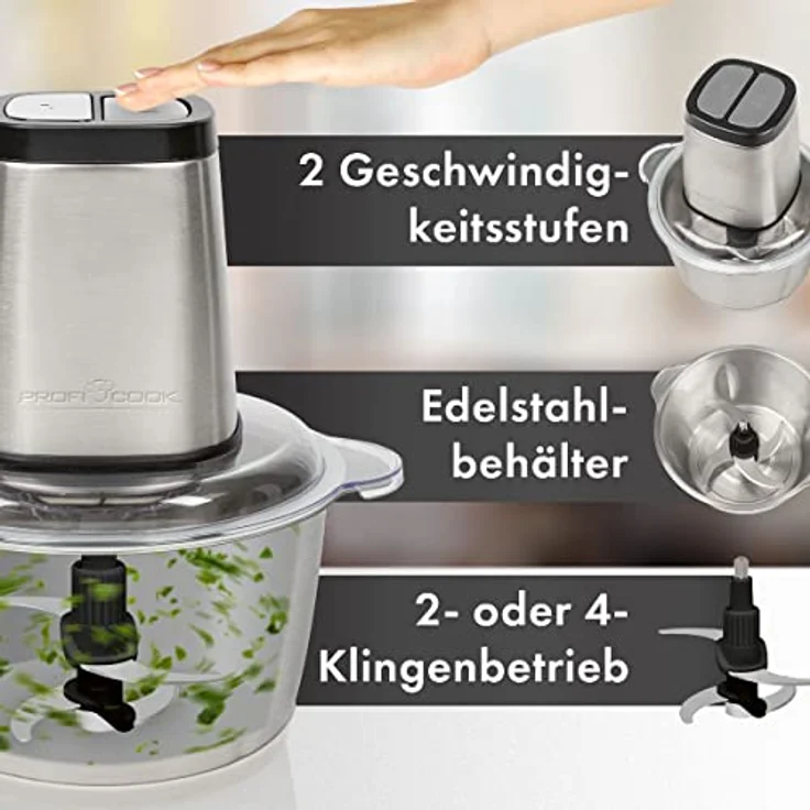 ProfiCook Zerkleinerer PC-MZ 1227, elektrischer Multizerkleinerer mit Ice Crush-Funktion, 1,7 L Edelstahlbehälter, 2 Geschwindigkeitsstufen – Bild 4