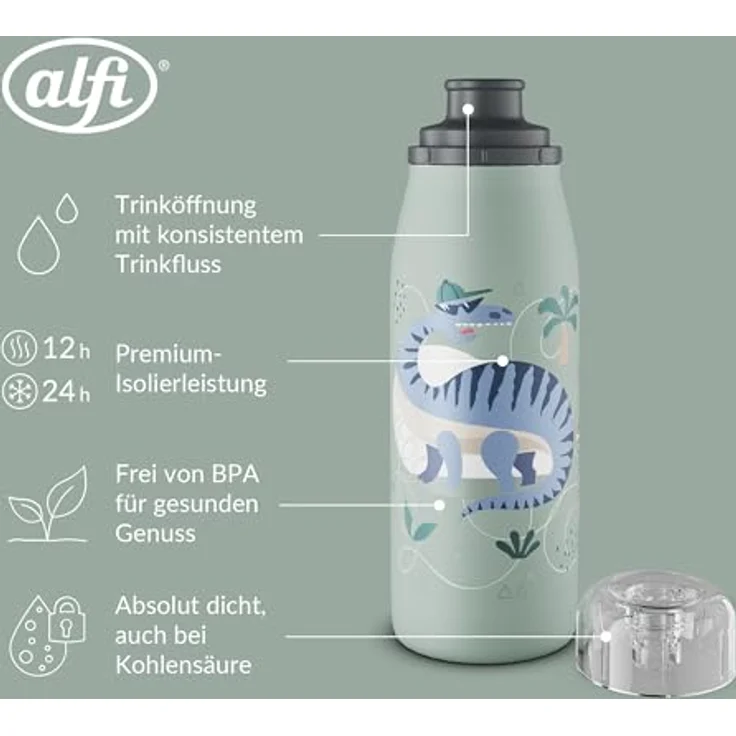 alfi KIDS ISO BOTTLE 350ml, mit Dinos, Isoliertrinkflasche Kinder Edelstahl, absolut dichter Drehverschluss, hält 12 Std. heiß, 24 Std. kalt, Trinkflasche für Kohlensäure, BPA-frei – Bild 3
