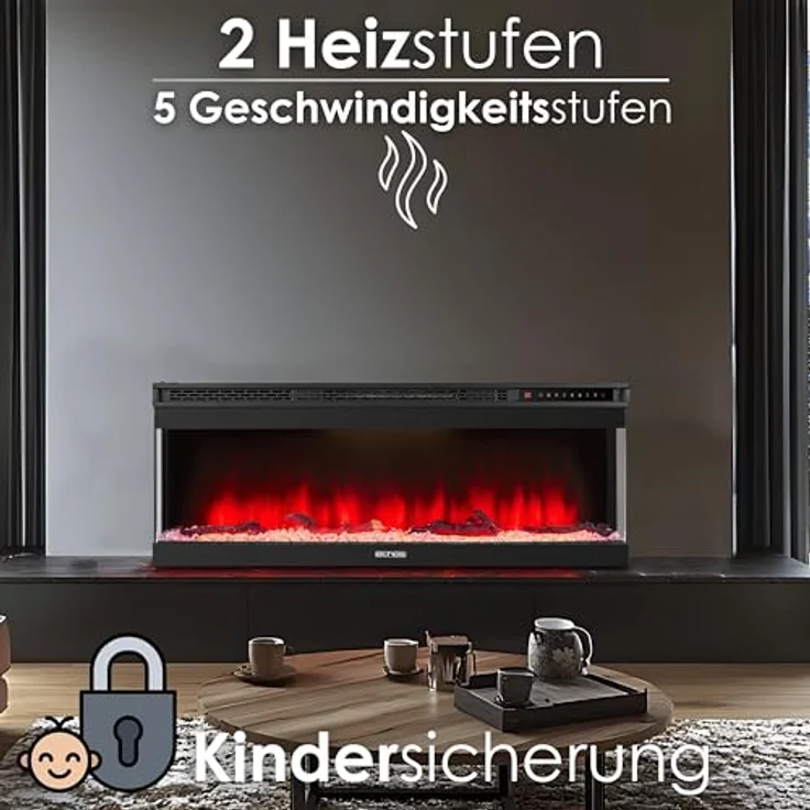 Echos Elektrokamin 1500 W | 13 realistische Flammeneffekte | Wandmontage oder Einbau, schwarz – Bild 4