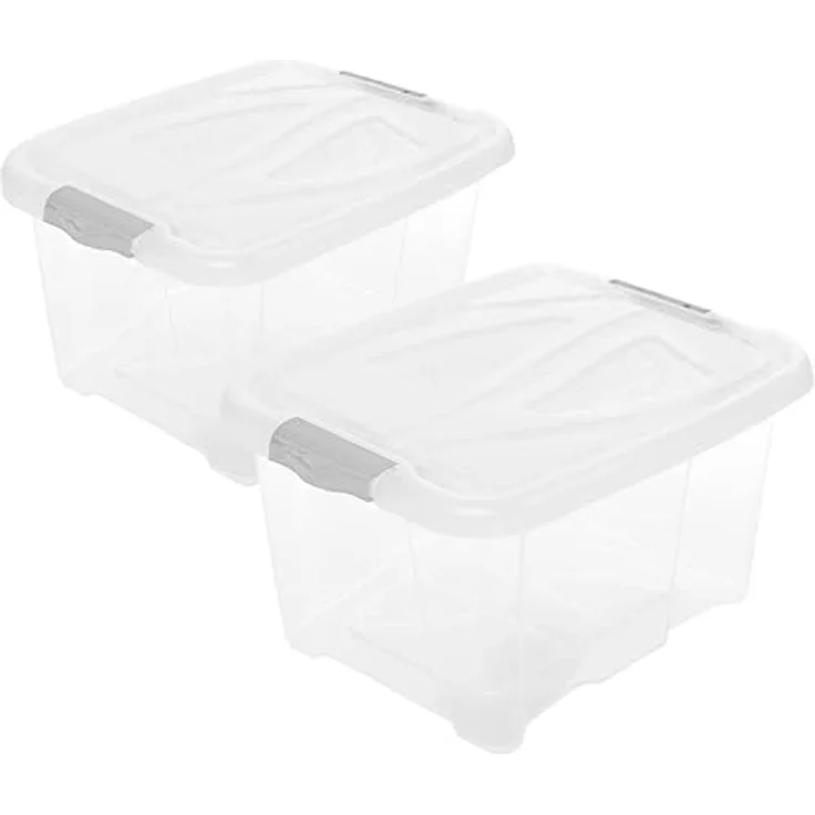 2friends Aufbewahrungsbox mit Deckel Groß, 30L 2er Set, Stapelbare transparente Kunststoffboxen mit grauen Clipverschlüssen für Büro, Küche & Garage - BPA-frei, langlebig, einfach zu reinigen – Bild 1