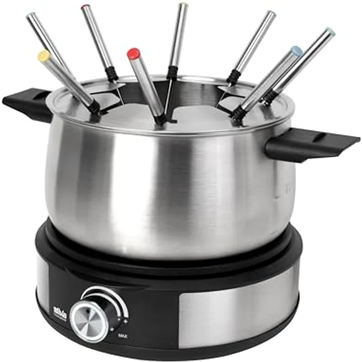 Silva PK-F 140 Fondue, elegantes Inox-Schwarz Design mit 1500 Watt Heizleistung und 8 Gabeln – Bild 2