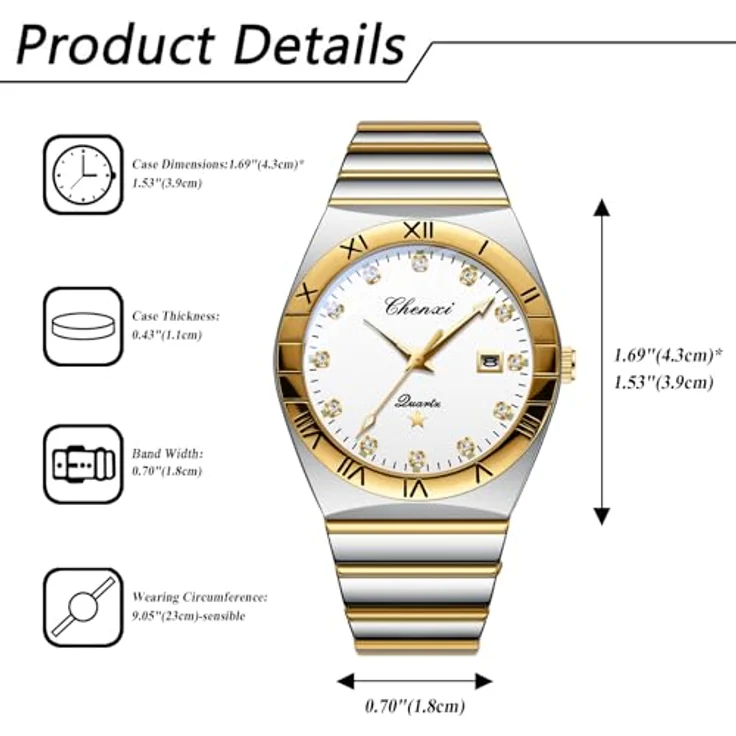 JewelryWe Paar Uhren Leuchtende Partneruhr, 30m Wasserdicht, Kalender Analog Quarz, Edelstahl Band, Weiße Zifferblätter mit Römischen Ziffern und Strassskala, 2er Set – Bild 3